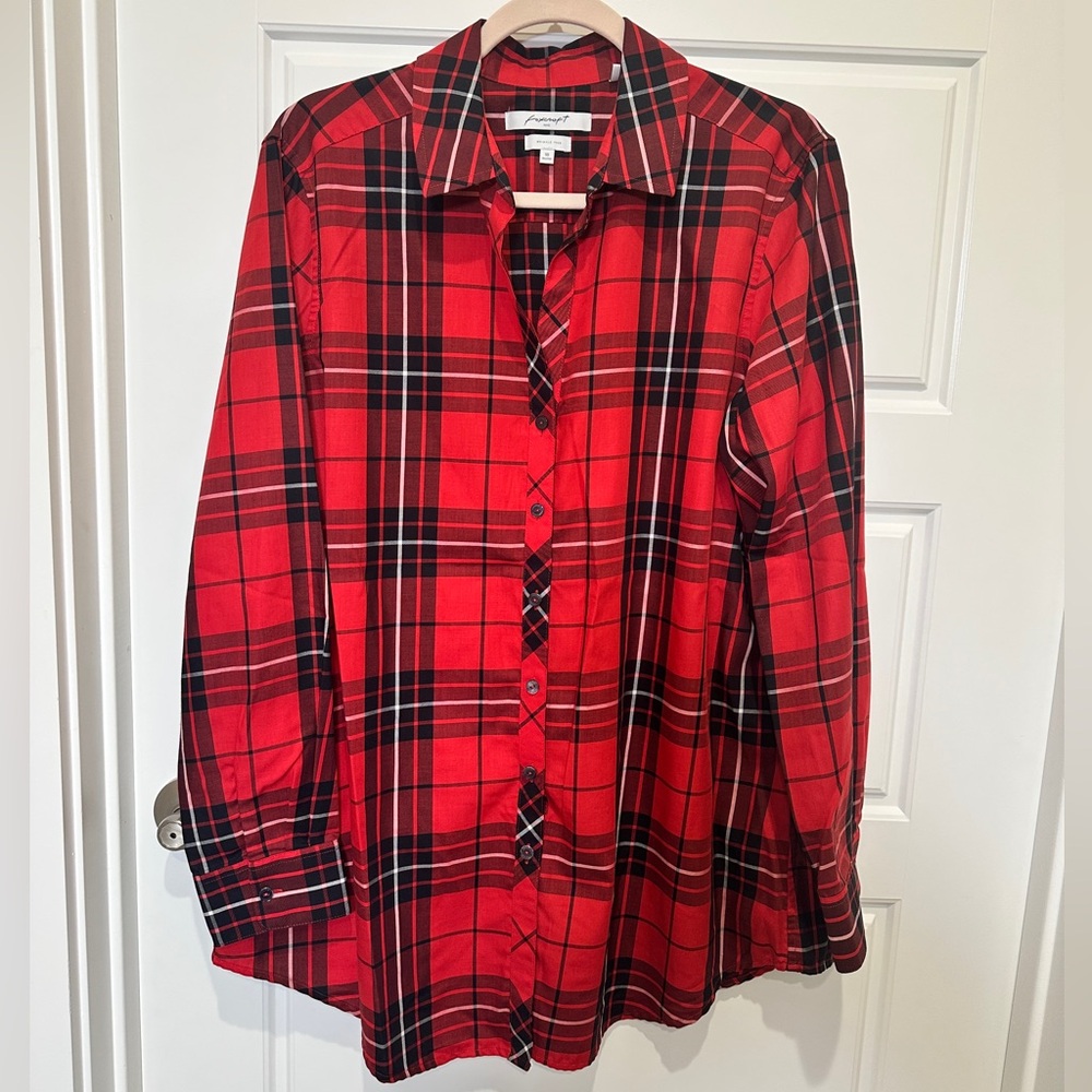 Foxcroft Red, Black and White Plaid Shirt wrinkle-free, button down